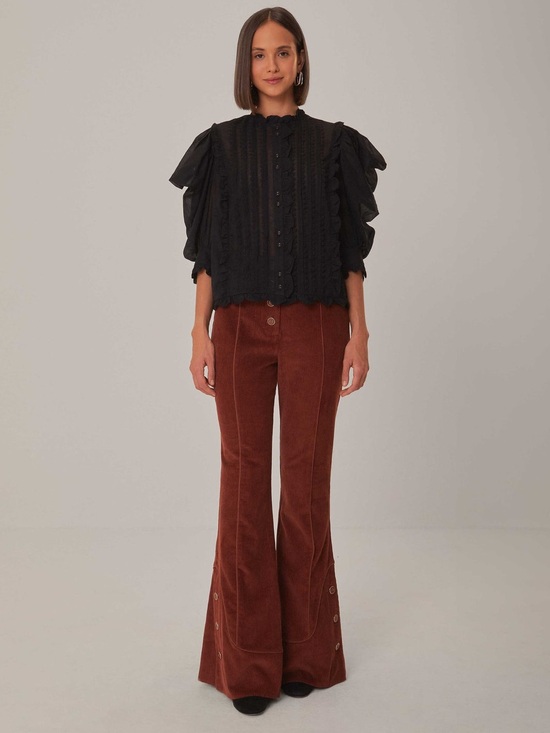Farm Rio Pants - FARM Rio L Brown Corduroy Flare Pants  High Rise Button Detail Retro Wide Leg